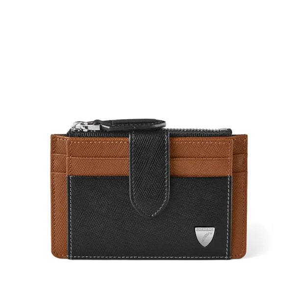 Aspinal of London Zipped Rfid Card Holder in Black & Tan Saffiano