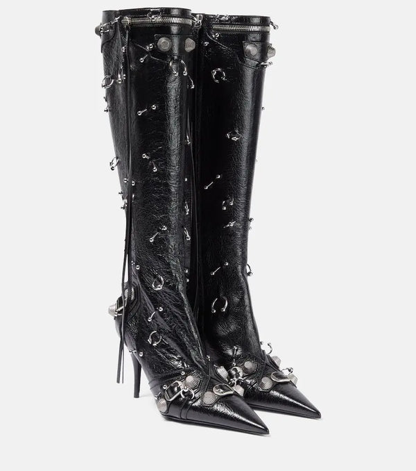 Balenciaga Cagole embellished leather knee-high boots | LYBSTORE