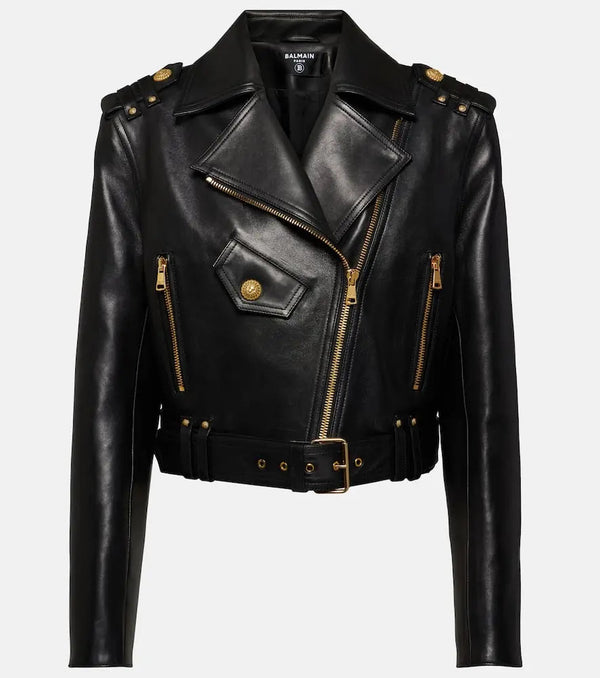 Balmain Cropped leather biker jacket | LYBSTORE