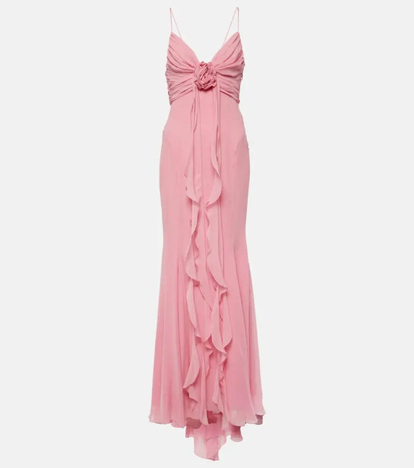 Blumarine Floral-appliqué silk georgette gown | LYBSTORE