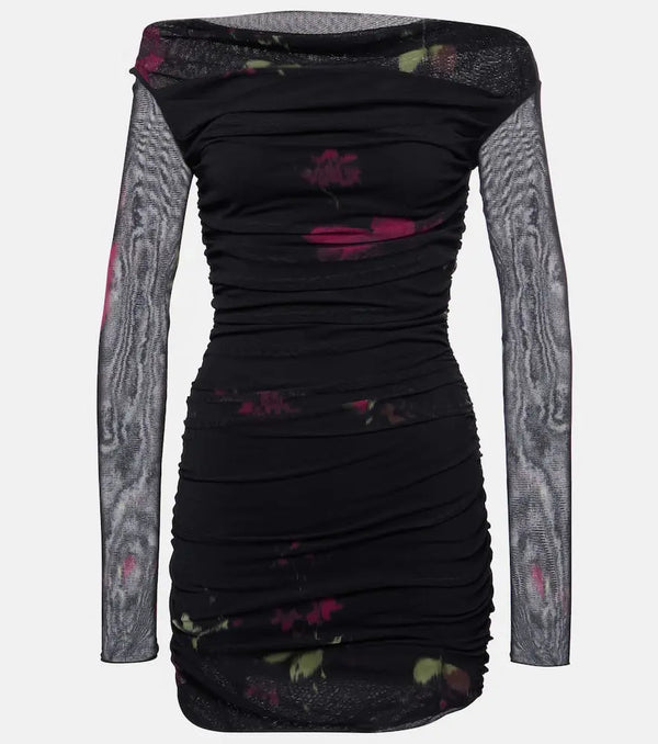 Blumarine Floral ruched mesh minidress | LYBSTORE