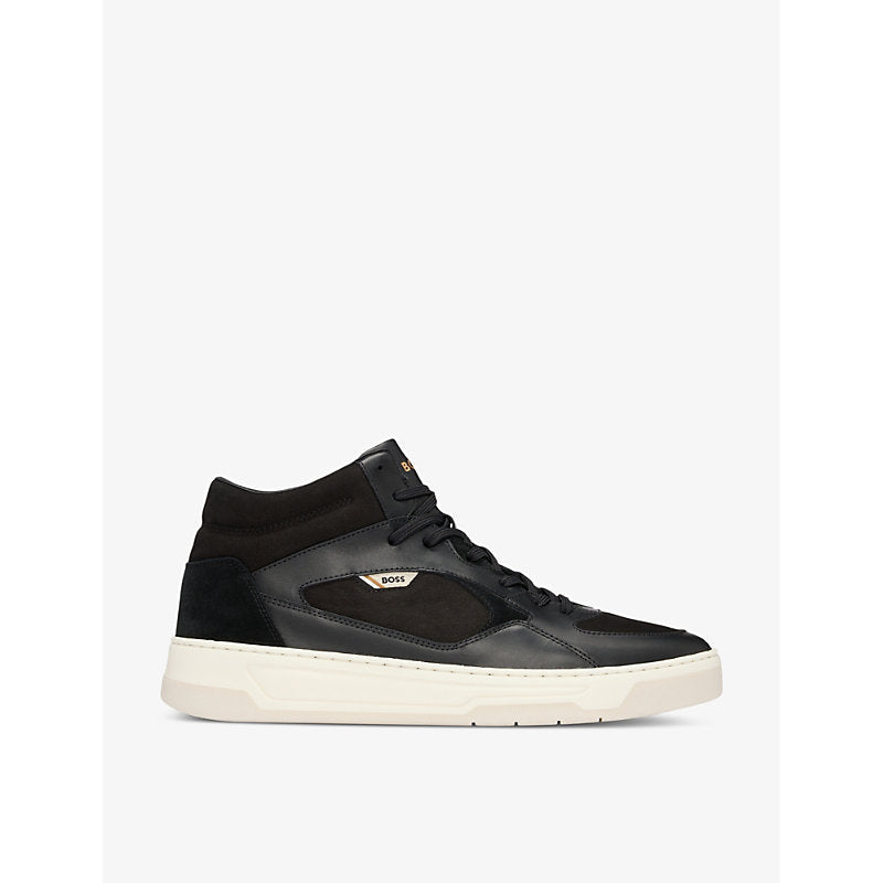 Mens Boss Branded-tongue leather high-top trainers