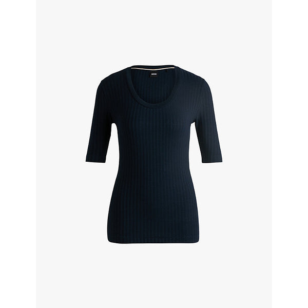 Womens Boss Scoop-neck ribbed stretch-jersey top