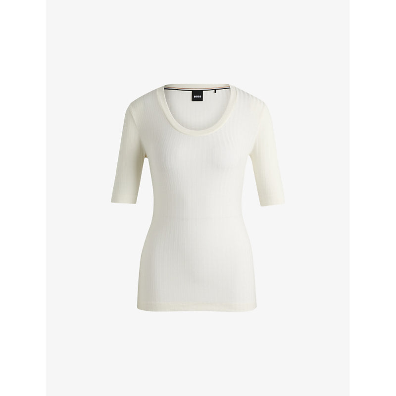 Womens Boss Scoop-neck ribbed stretch-jersey top