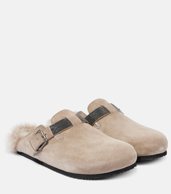 Brunello Cucinelli Beaded shearling-lined suede clogs