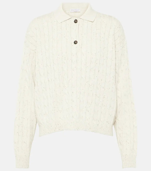 Brunello Cucinelli Cable-knit cotton-blend polo sweater | LYBSTORE