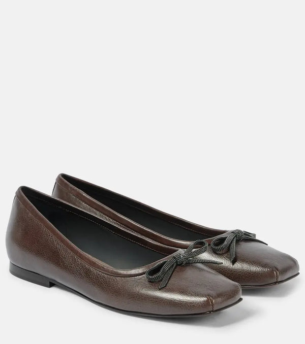 Brunello Cucinelli Embellished bow-detail leather ballet flats | LYBSTORE