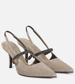 Brunello Cucinelli Embellished suede slingback pumps