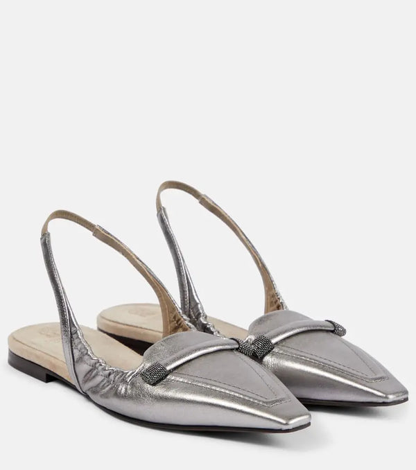 Brunello Cucinelli Metallic leather slingback flats | LYBSTORE