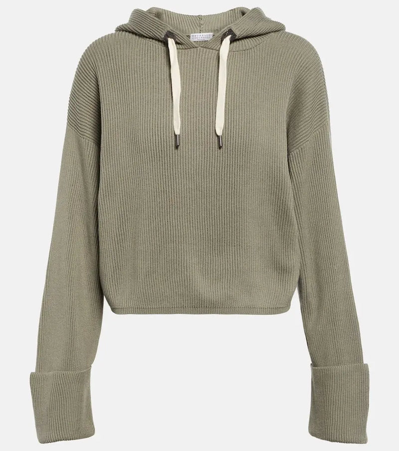 Brunello Cucinelli Ribbed-knit cropped cotton hoodie | LYBSTORE