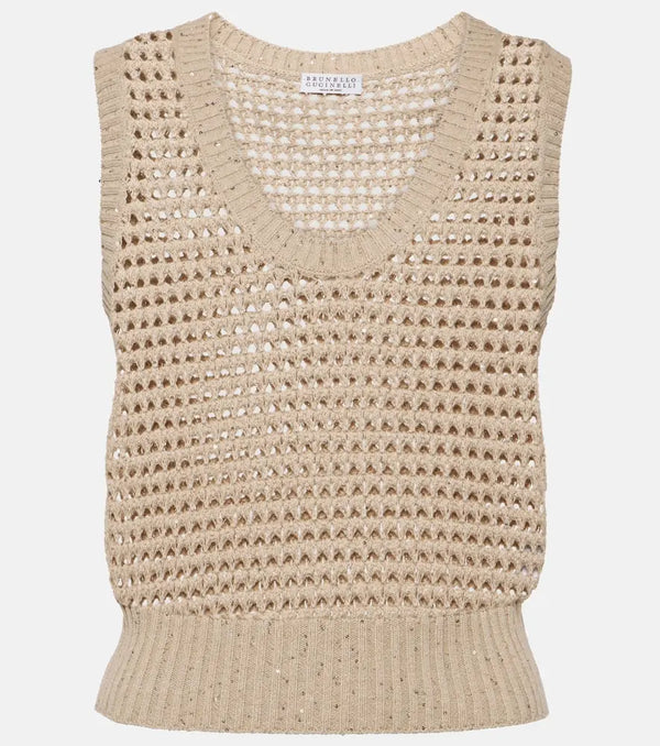 Brunello Cucinelli Sequined open-knit cotton-blend vest | LYBSTORE