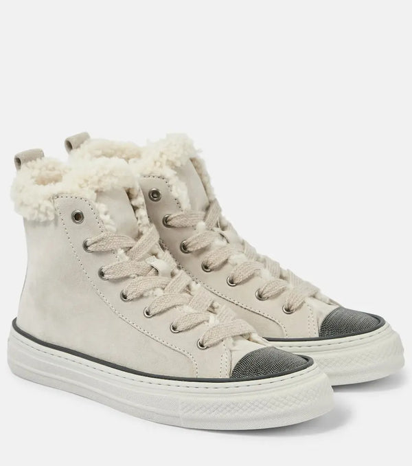 Brunello Cucinelli Shearling-trimmed suede high-top sneakers | LYBSTORE