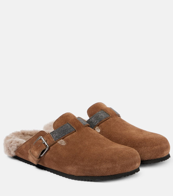 Brunello Cucinelli Shearling-trimmed suede mules