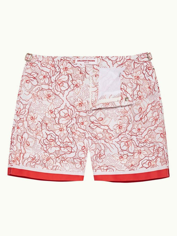 Bulldog - Floral Nouveau Print Mid-Length Swim Shorts Woven In France in Summer Red/White Sand colour