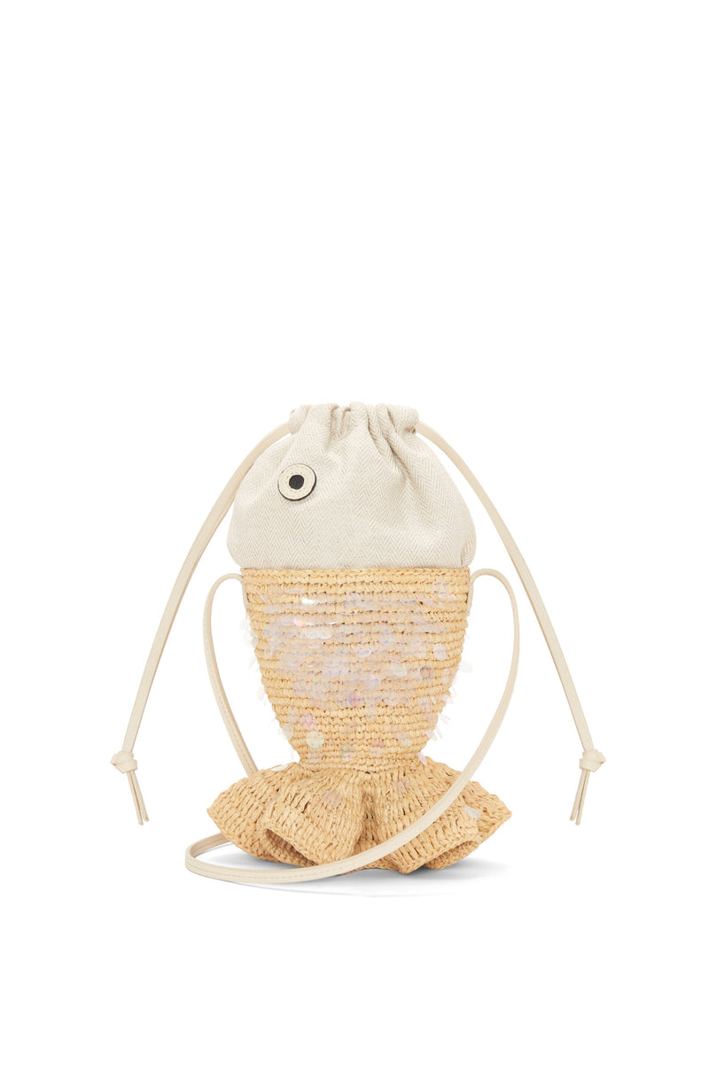 Fish pouch in canvas and raffia