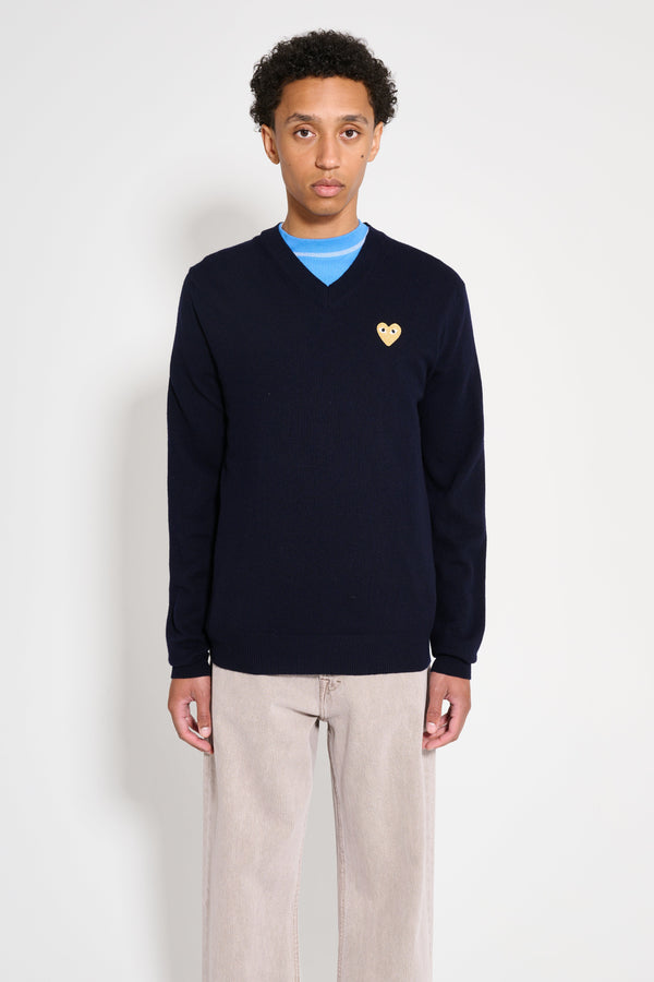 Comme des Garçons Play Small Heart Knitted V-Neck Pullover Navy