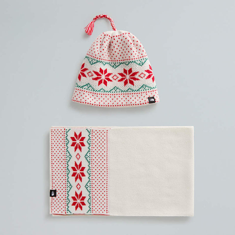 The North Face Cabin Ski Tuke Beanie And Scarf Set White Dune-tnf Red-evergreen-tassel male