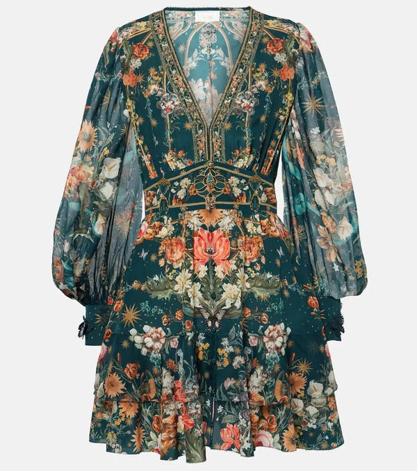 Camilla Embellished floral silk crêpe minidress