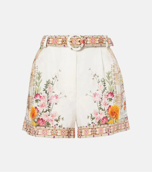 Camilla Floral high-rise belted linen shorts