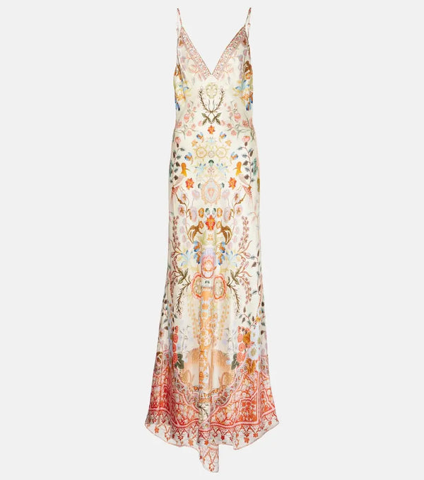 Camilla Printed embellished silk slip dress