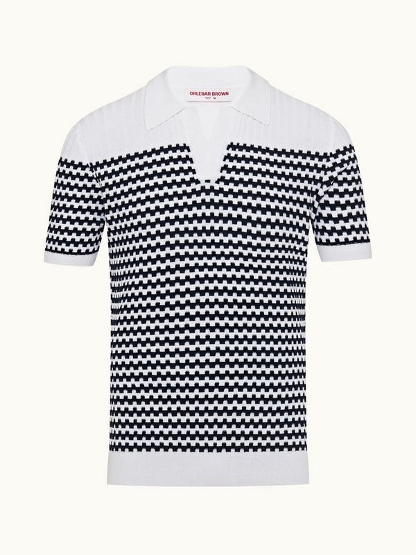 Canet - Cloud/Ink Textured Stripe Organic Cotton Polo Shirt