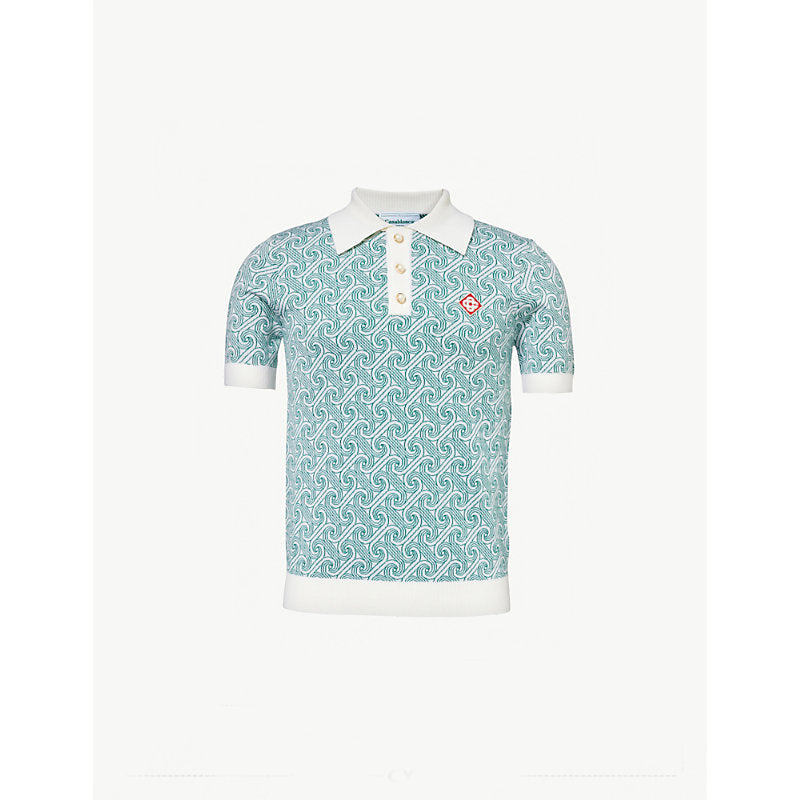  Casablanca Jacquard-monogram brand-appliqué wool-blend knitted polo shirt