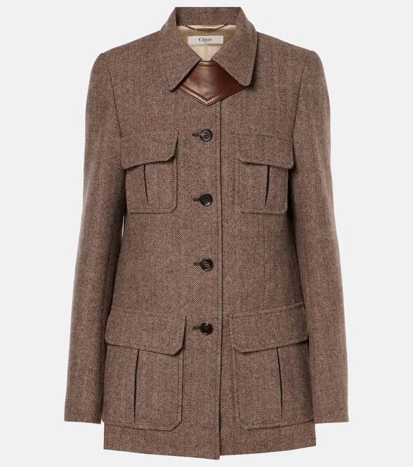 Chloé Herringbone leather-trimmed wool jacket