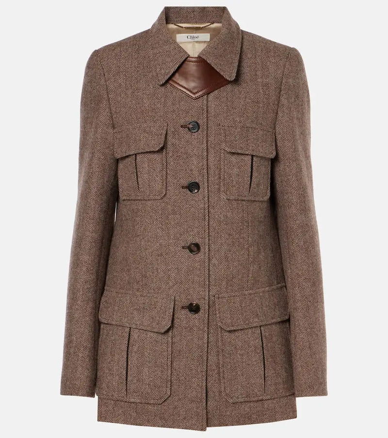 Chloé Herringbone leather-trimmed wool jacket