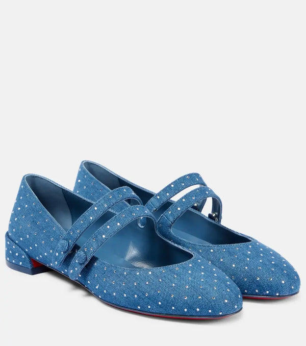 Christian Louboutin Sweet Jane embellished denim Mary Jane flats