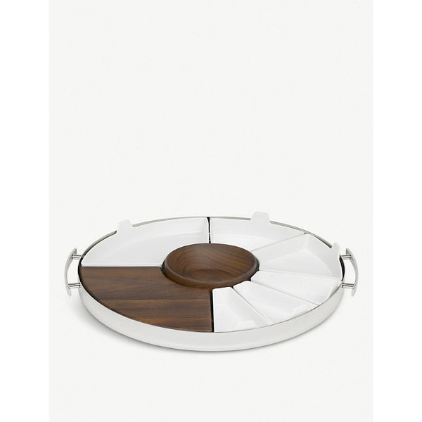 Christofle MOOD polished steel, walnut and porcelain tray 40cm