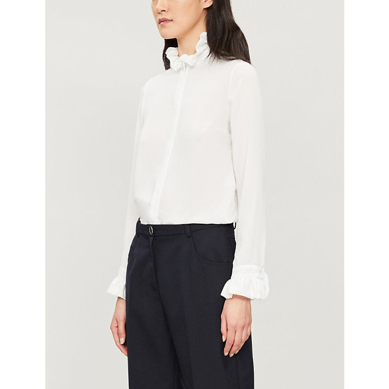 Claudie Pierlot High-neck frilled-trim crepe shirt | LYBSTORE