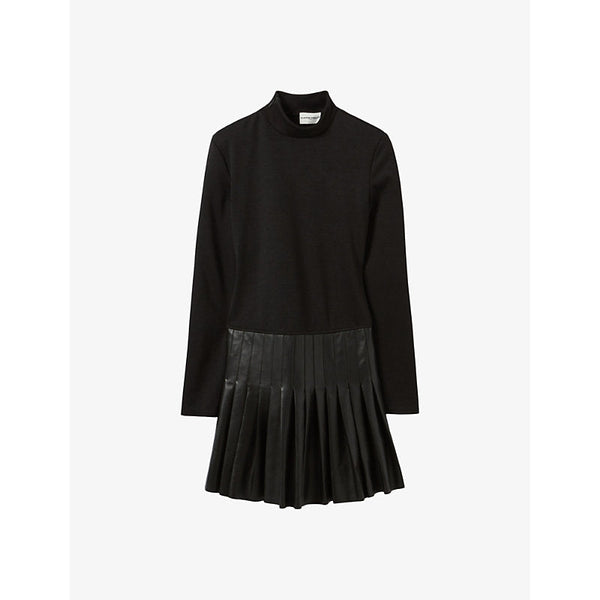 Womens Claudie Pierlot Long-sleeved pleated-skirt stretch-woven and leather mini dress