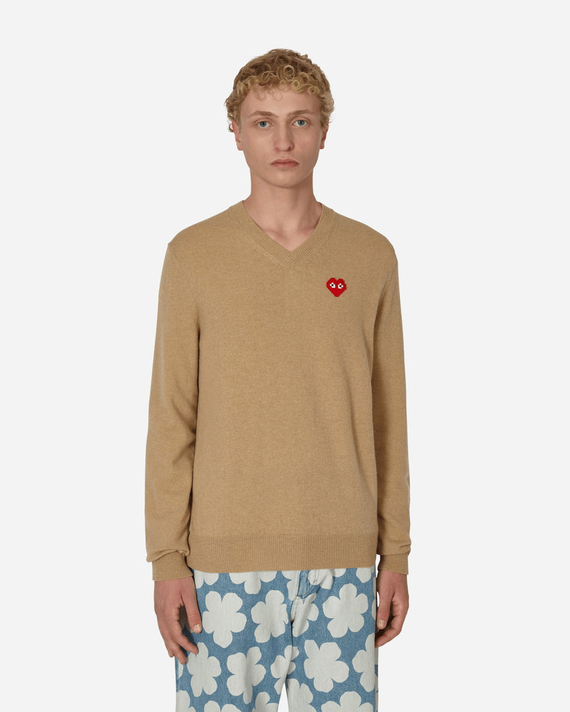 Comme Des Garçons Play Invader Heart V-Neck Sweater Beige