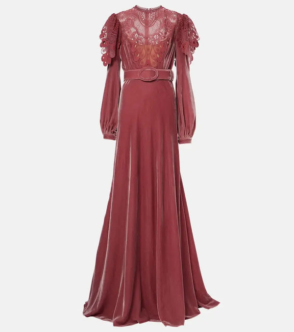 Costarellos Ashley lace-trimmed velvet gown