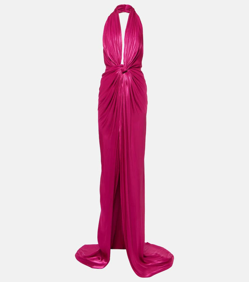 Costarellos Colette gathered halterneck satin gown