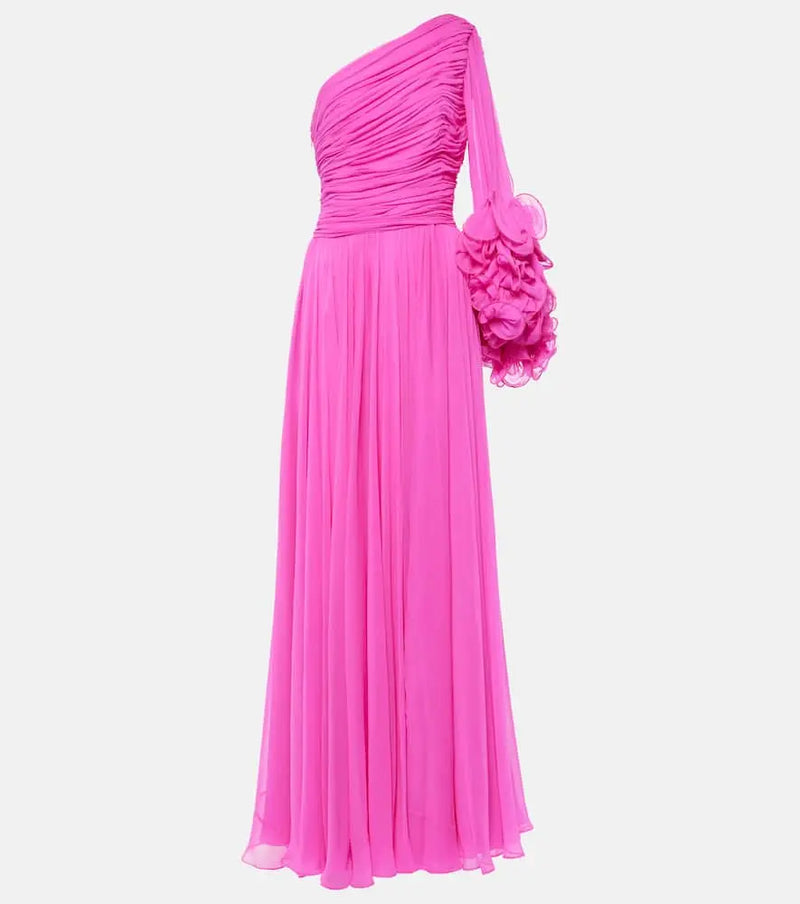 Costarellos One-shoulder ruffled silk gown