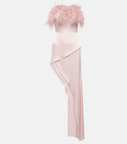 David Koma Feather-trimmed satin midi dress