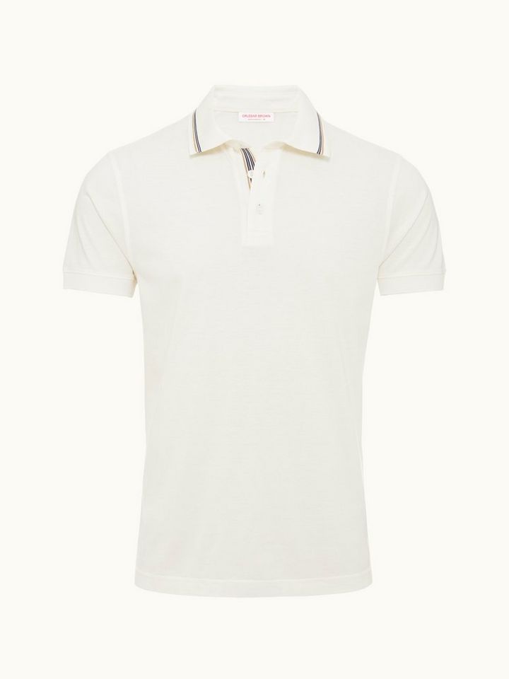 Dominic Tipping - White Sand Stripe Tipping Collar Classic Fit Polo Shirt