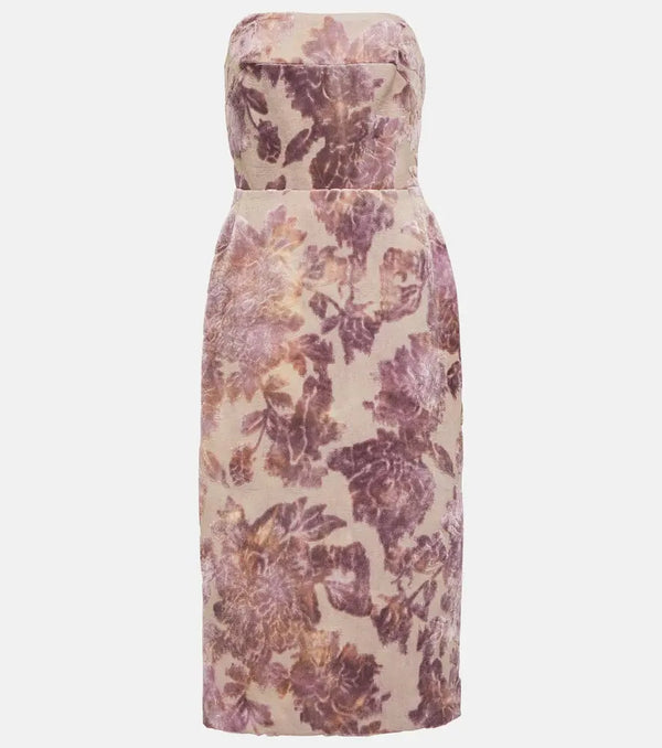 Dries Van Noten Floral strapless velvet midi dress | LYBSTORE