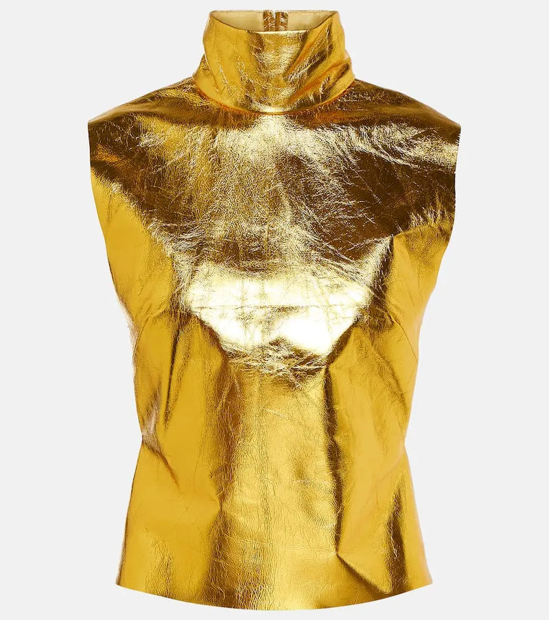 Dries Van Noten Metallic leather turtleneck top | LYBSTORE