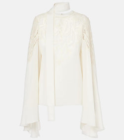 Elie Saab Lace-trimmed tie-neck georgette blouse