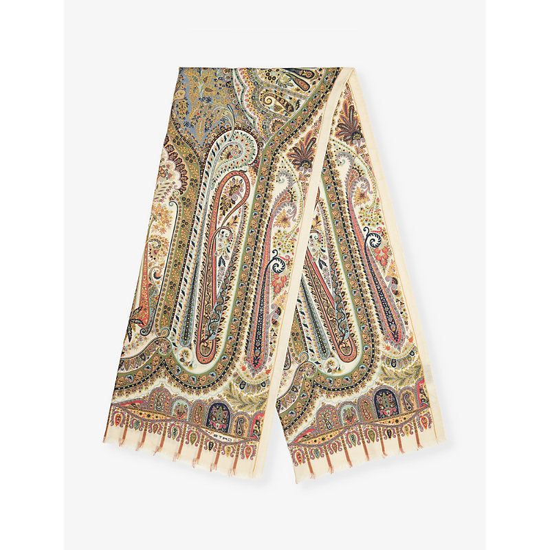 Etro Paisley-print fringed wool and silk-blend scarf | LYBSTORE