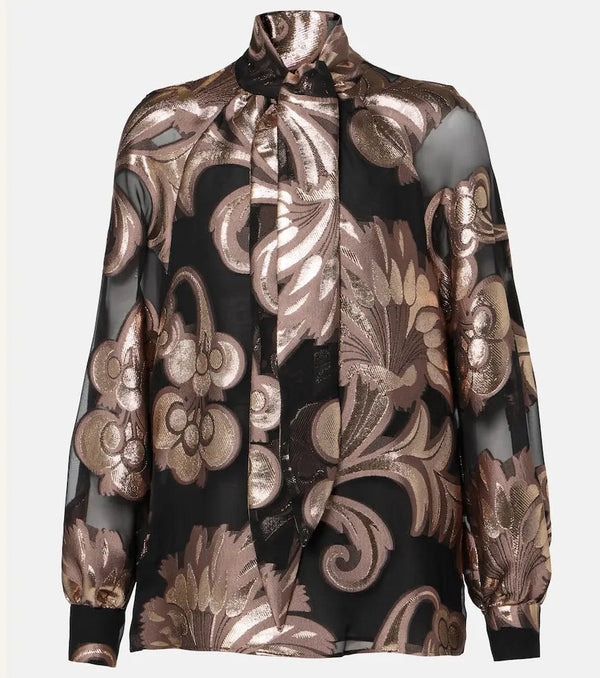 Etro Semi-sheer tie-neck lamé blouse