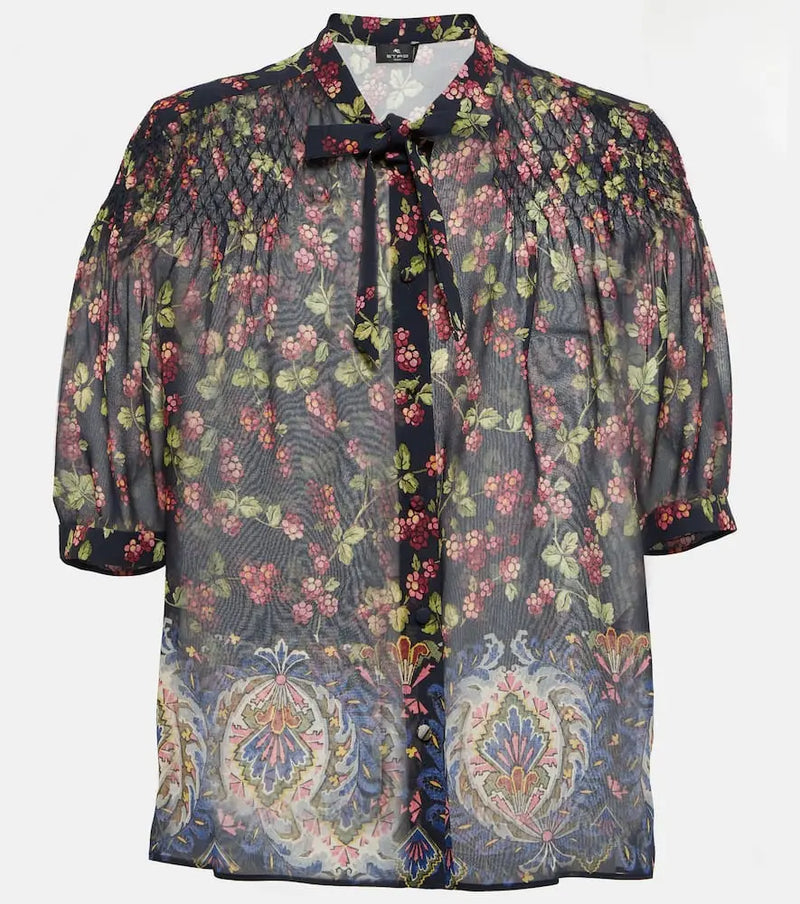 Etro Tie-neck printed silk top