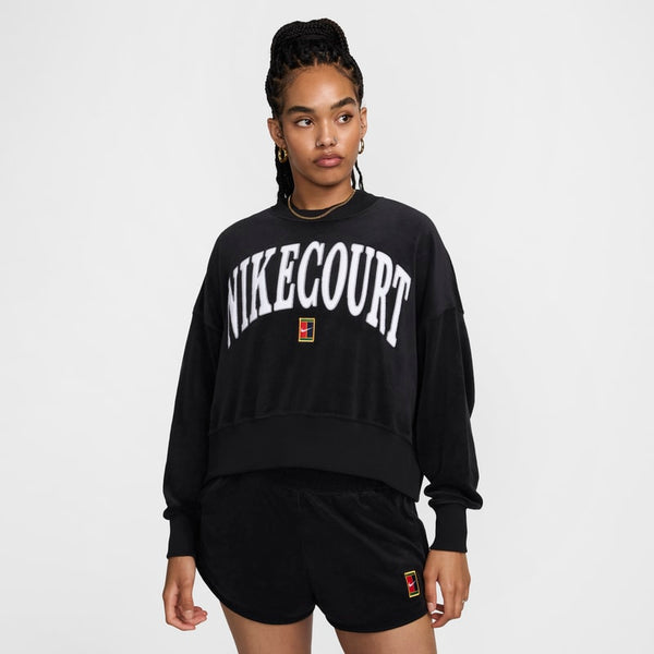 Sudadera de cuello redondo de tenis con gráfico extra oversized para mujer NikeCourt Heritage - Negro