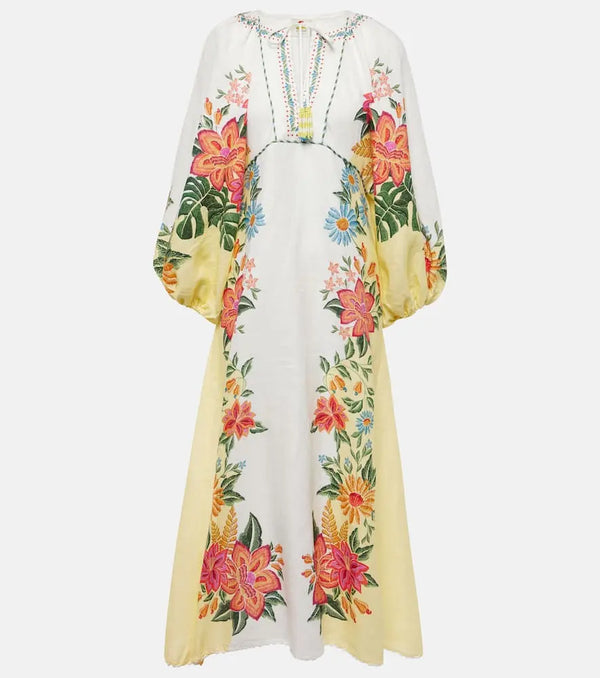 Farm Rio Bloom Garden embroidered linen maxi dress | LYBSTORE