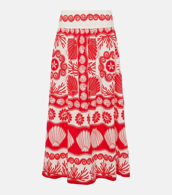 Farm Rio Red Ainika Shell linen-blend maxi skirt | LYBSTORE