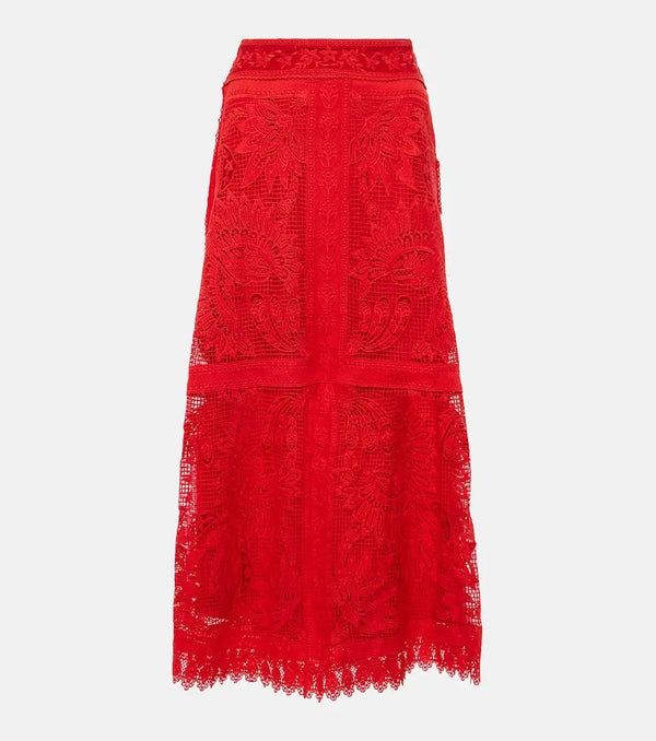 Farm Rio Red Toucan guipure lace midi skirt | LYBSTORE