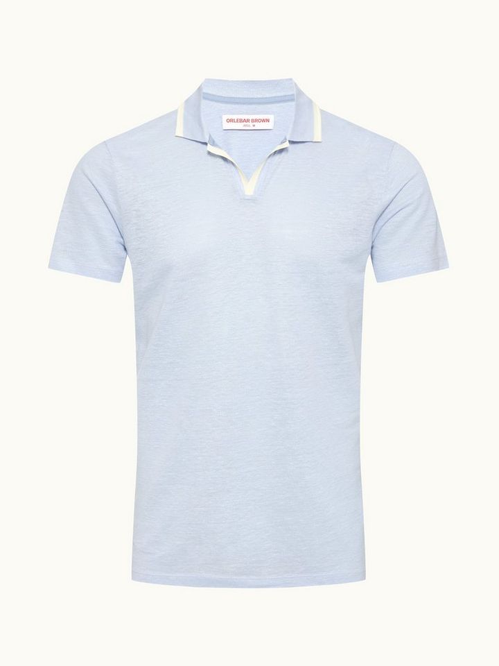 Felix Linen - Resort Collar Linen Pique Polo Shirt In Soft Blue