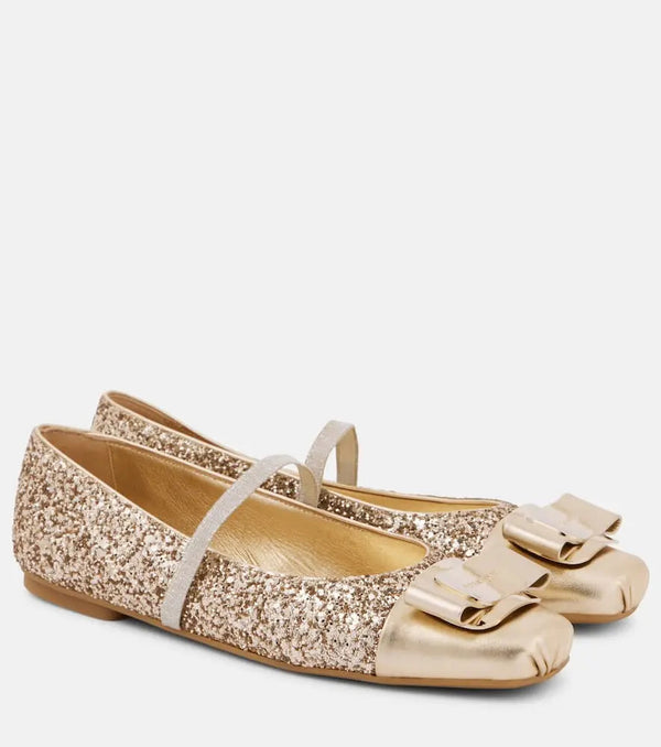 Ferragamo Zina leather-trimmed glitter ballet flats | LYBSTORE